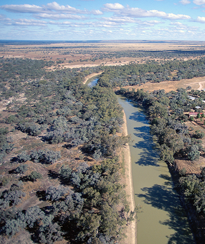 Aerial view of the Darling river near Louth, New South Wales.