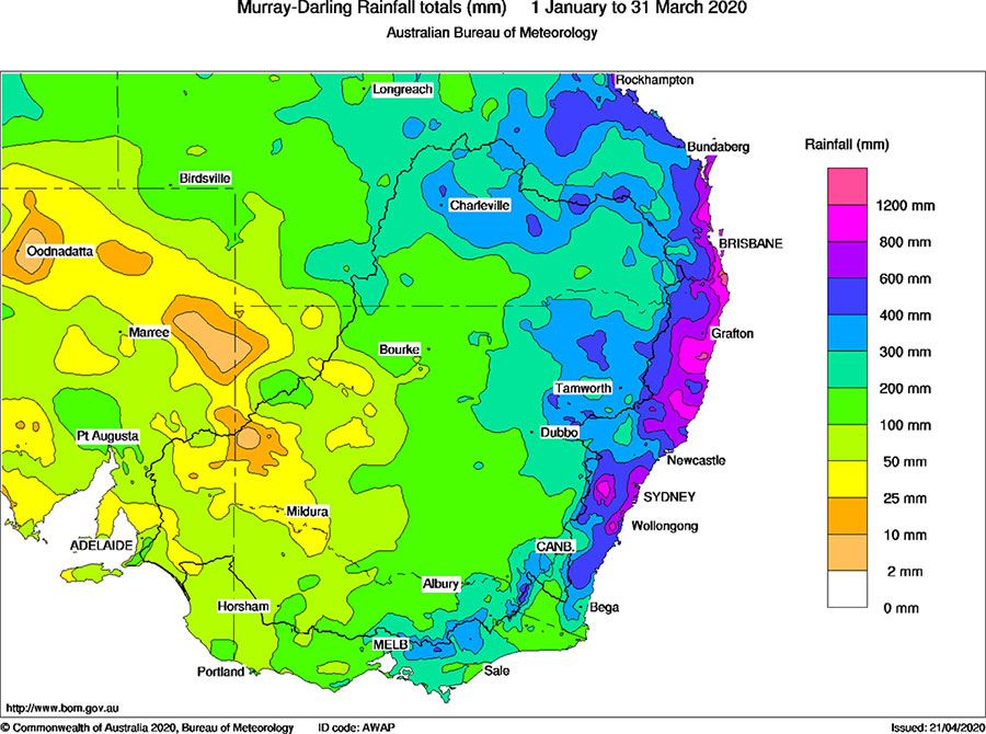 Murray-Darling Rainfall totals (mm) 1 January to 31 March 2020
