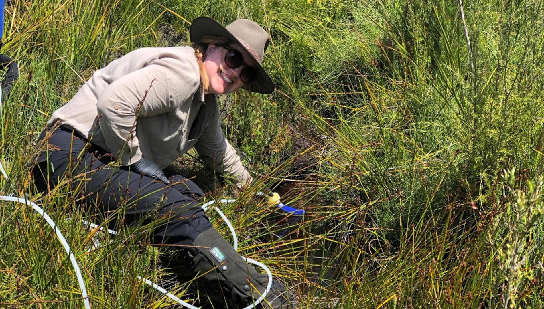 DPE scientist Bec Wood collecting an environmental DNA sample from a swamp pool. 