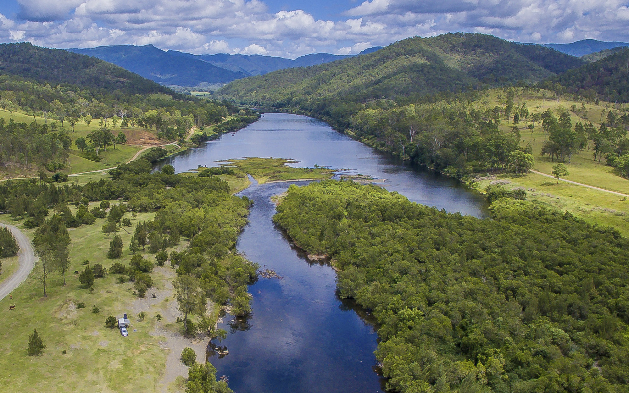 Scenic country views of the Mann River near Cangai, New South Wales.