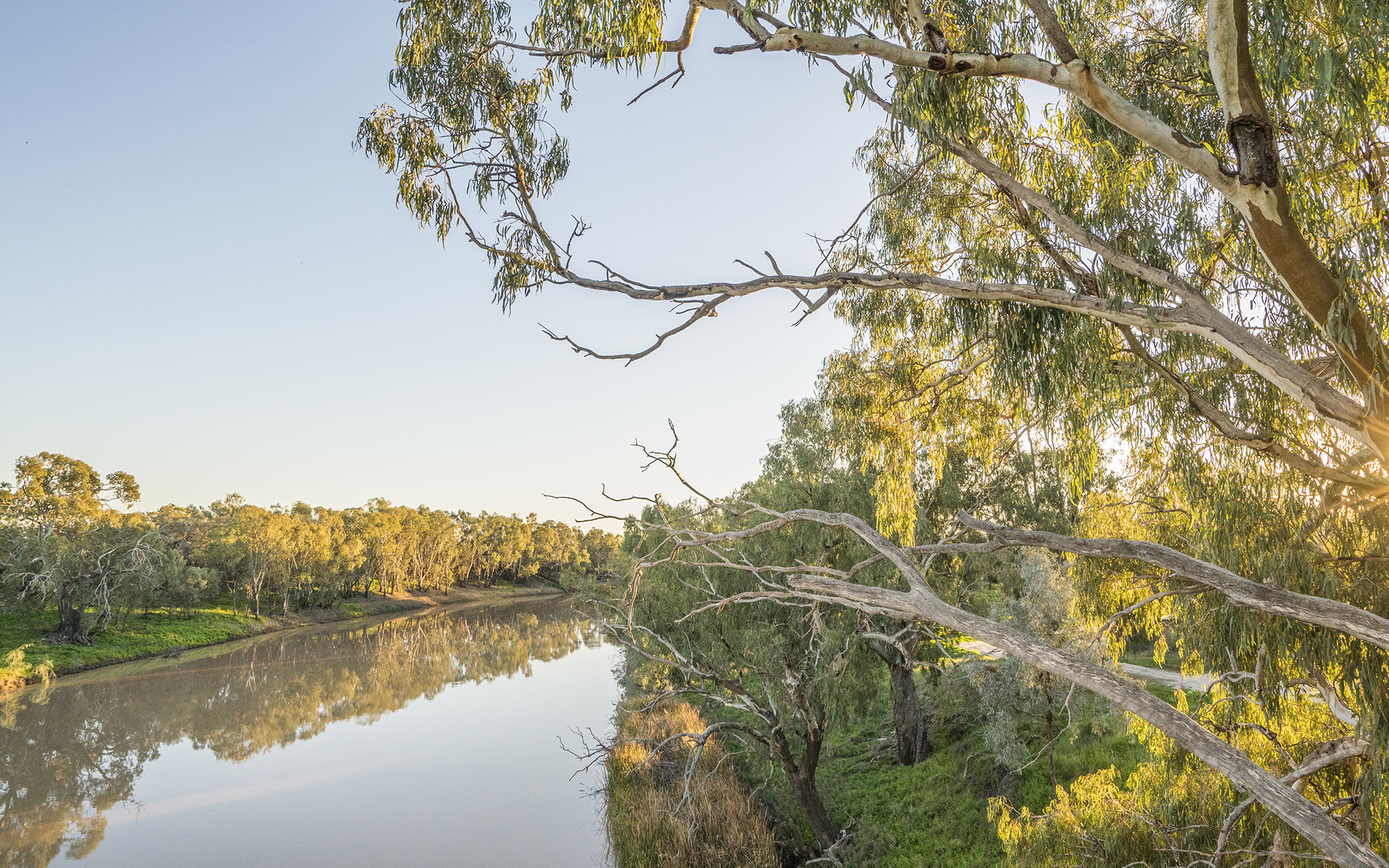 The sun rising over the scenic Darling River, Bourke.