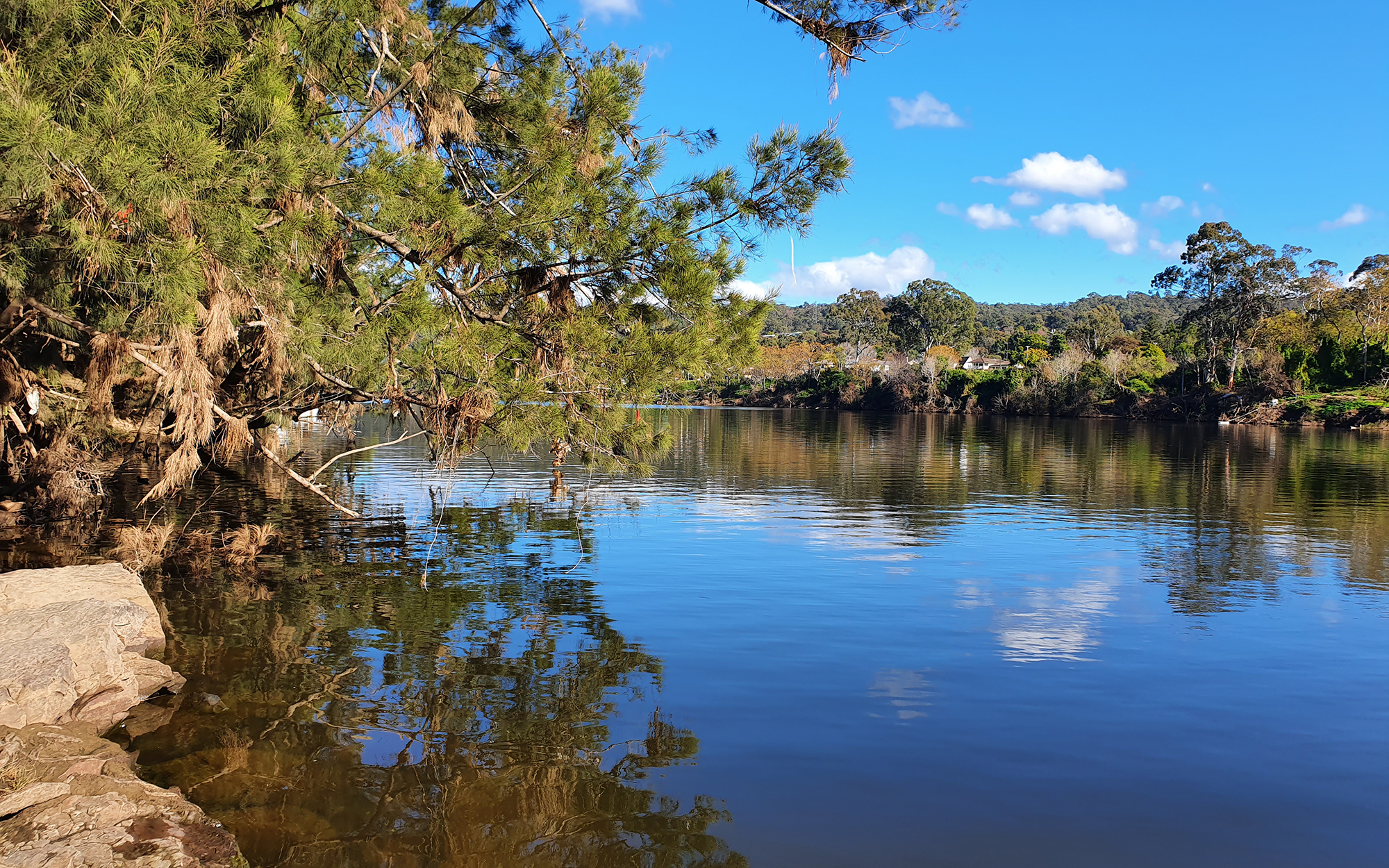 Nepean river on a sunny winter day with blue sky, trees and clouds reflecting on glassy water surface.