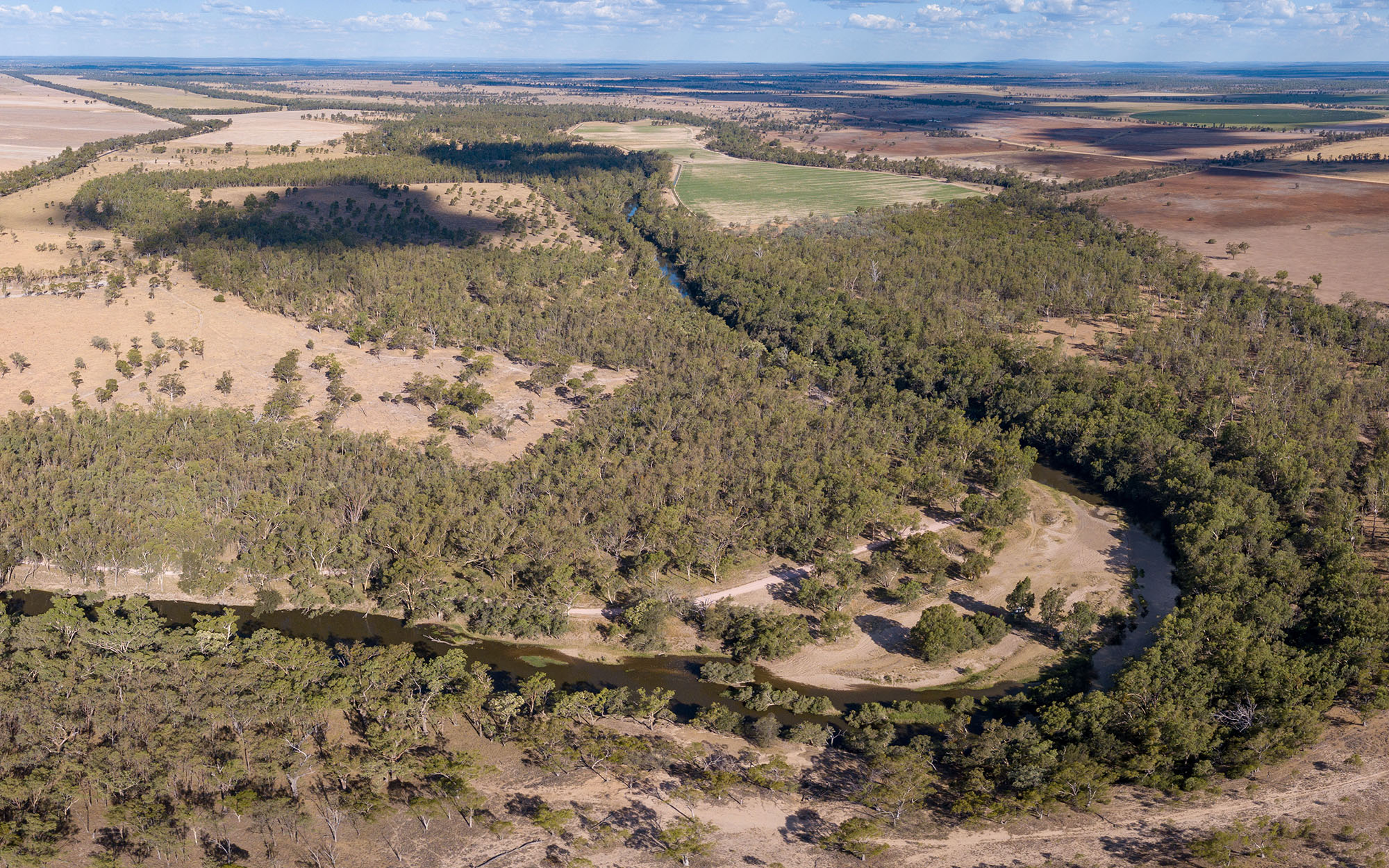 Aerial of Dumaresq river on a sunny day.