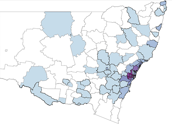 Map of NSW showing projected population growth by local government area 2016-2041