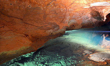 A water pool in River Cave at the Jenolan Caves at the Blue Mountains of New South Wales, Australia.