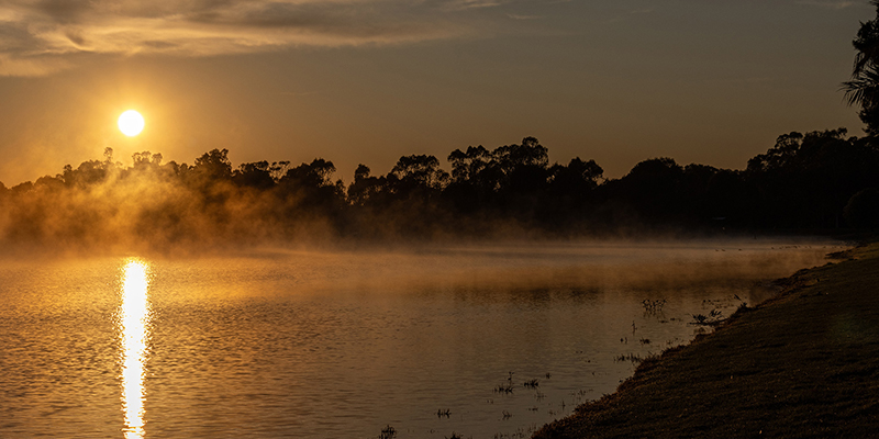 A misty sunrise over Gum Bend Lake, Condobolin, NSW.