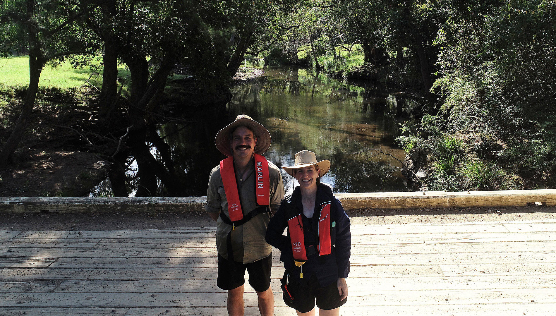 DPE scientists Jay Van Den Broek and Alison Lewis during a field trip in the Manning River catchment to survey for the endangered Manning River Turtle.