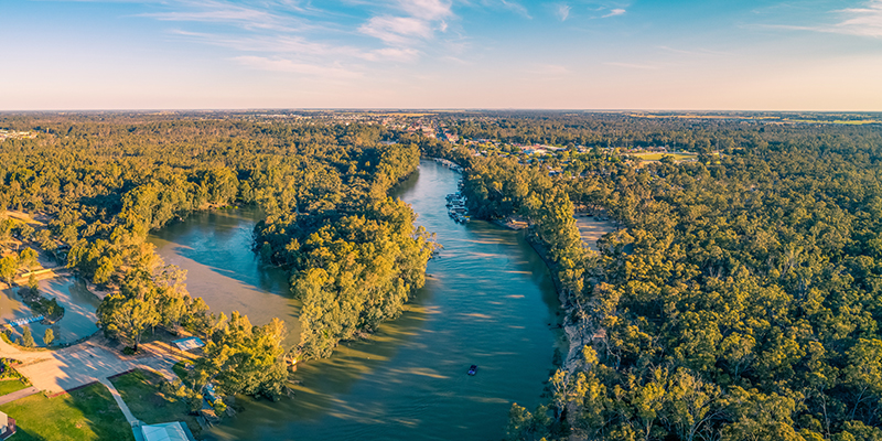 Aerial panaroma of Murray River near Moama, NSW, Australia