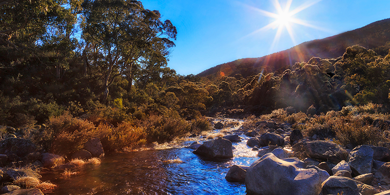 Downstream of Snowy river in Snowy mountains of Australia through snow-gum woods with rock boulder rapids with sun in blue sky.