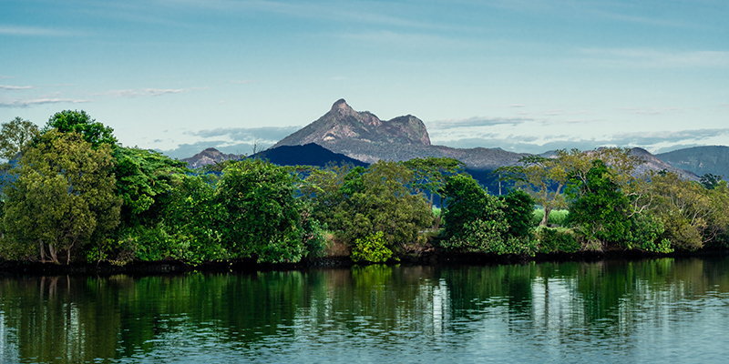 Tweed River and Mount Warning near Tumbulgum NSW Australia. Shot at sunrise from the east bank of Tweed River.